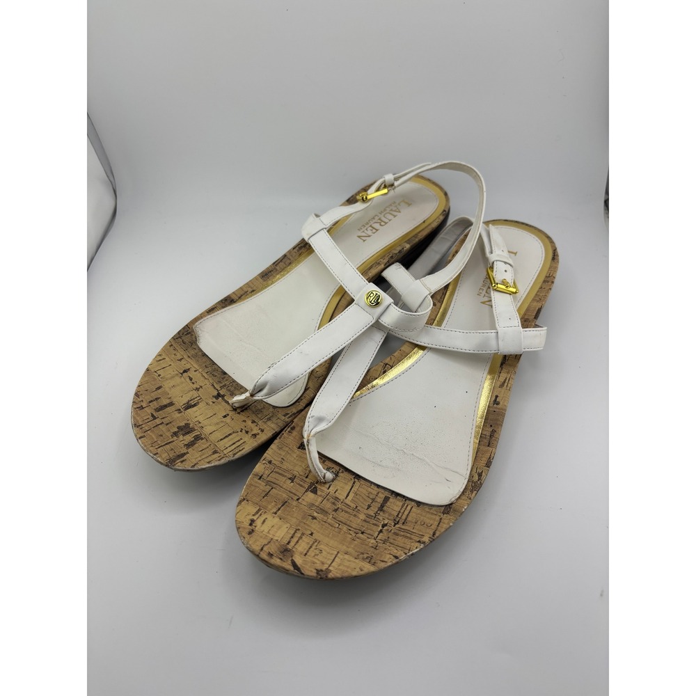 Lauren Ralph Lauren Kya White Cork Thong Wedge Sandals Gold Hardware Womens 9.5B